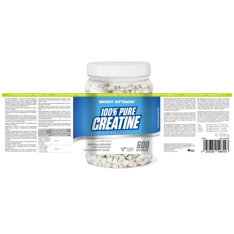 Body Attack 100 Pure Creatine Capsules, 240 Capsules, 1 Pack