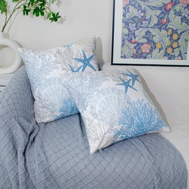 DILOXNSU Set of 2 Cushion Covers 45 x 45 Double-Sided Blue Ocean Coastal Beach Seashell Coral Starfish Velvet Modern Decorative 18''x18'' Pillow Cover for Sofa Bed Livingroom Cushions Cases