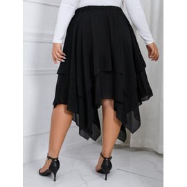 Verdusa Women's Plus Size Elastic High Waist Asymmetrical A Line Chiffon Midi Skirt Black 3XL