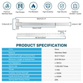 IRONWALLS Surface Vertical Rod Panic Bar Exit Device, 32 inch Emergency Door Push Bar Panic Exit Device with Single Point Top Latching, Stainless Steel Commercial Panic Door Hardware for 32"-48" Doors