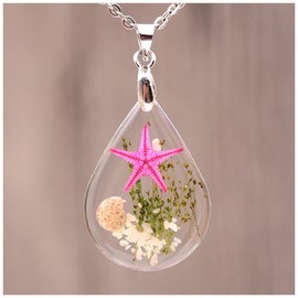 Starfish Shell Pendant Necklace Water Drop Conch Seaweed Necklace Marine Animal Chain Jewelry for Women Girls Teens (Pink)