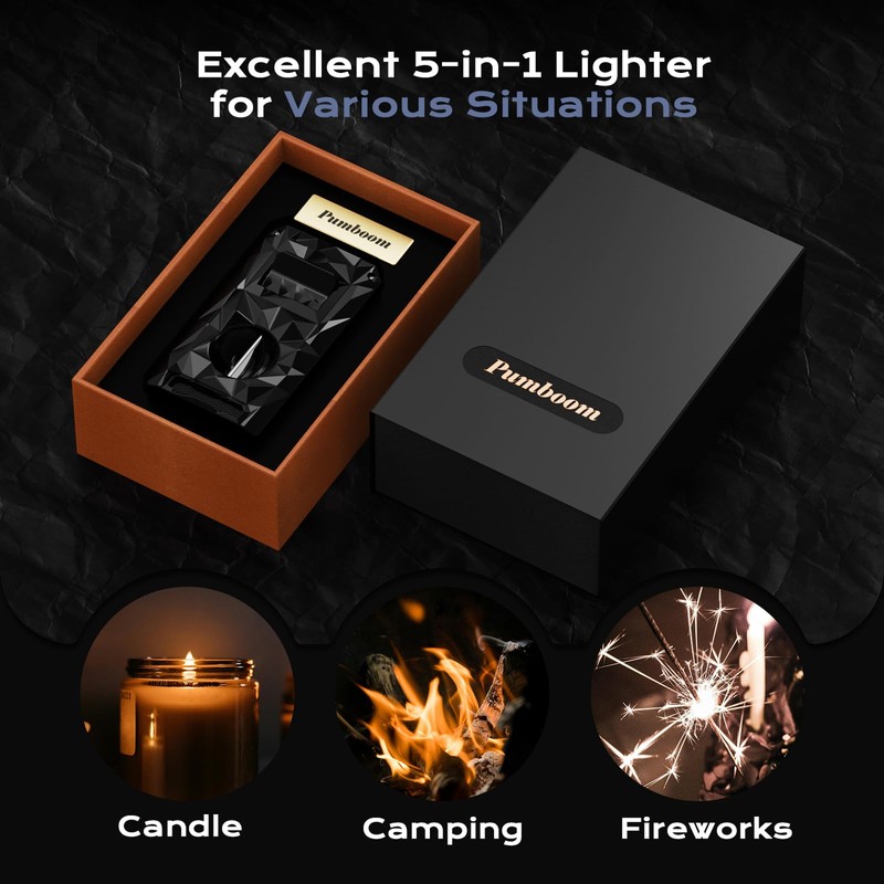5-in-1 Windproof Lighter with Punch, Draw Enhancer, Holder, Triple Jet