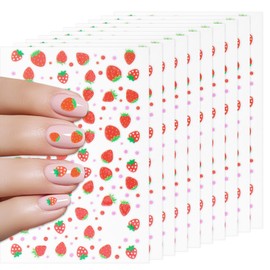 Xinjoduz 10 Sheets Summer Fruit Strawberry Nail Stickers, Self-Adhesive Nail Decals for Kids, Cute Red Strawberry Design Manicure Tips Nails Art Charms for Women Girls DIY Summer Manicure