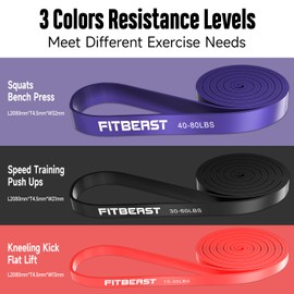 FitBeast Pull Up Bands Set, 3 Different Levels Resistance Band Pull Up for Calisthenics, CrossFit, Powerlifting, Muscle Toning, Yoga, Stretch Mobility (Red Black Purple 15-80 LBS)