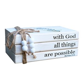 LIVDUCOT Farmhouse Wooden Decor Book Stack | Rustic Faux Book Stacks | Wood Books for Modern Home Decor | Stacked Books for Coffee Tables Book Shelf Decor | With God All Things Are Possible Sign