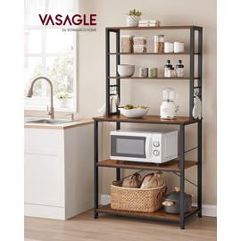 VASAGLE Coffee Bar, 31.5 Inches Baker's Rack for Kitchen with Storage, 6-Tier Kitchen Shelves with 6 Hooks, Microwave Stand, Industrial, Rustic Brown and Black UKKS019B01