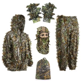 EAmber Ghillie Suit Gilly Hunting Suits Pants 3D Leaf Camo Camouflage Leafy Hat Gloves Full Face Mask Headwear Coveralls Youth Adult Lightweight Clothes