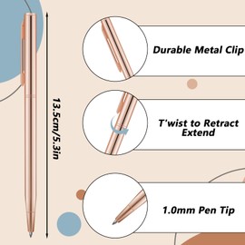 6 Piece Gold Slim Ballpoint Pens 1 mm Retractable Metallic Black Ink Pens Bulk Gold Metal Pens with Clips for Business Office Teacher Student Wedding Guest (Rose Gold)