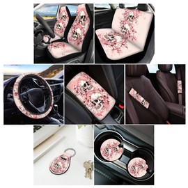 STUOARTE Skull Cherry Blossom Printed Car Seat Cover Full Set, 12 Pieces, Includes Front Rear Seat Cover Steering Wheel Cover Car Armrest Pad Covers Seat Belt Pads Lipstick Holder Keychain