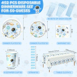 Potchen 452 Pcs Space Themed Party Decorations for 50, Blue Space Astronaut Paper Plates Napkins Cups Tablecloth Cutlery Straws for First Trip Around The Sun Planet Birthday Baby Shower Party Supply