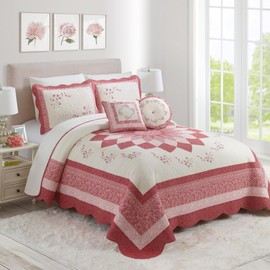 MODERN HEIRLOOM Caroline Embroidered Quilted Bedspread - Lightweight Breathable All Seasons Floral Bedding, Full Size, Red
