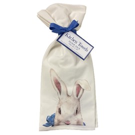 Mary Lake Thompson T1218 2 Rabbit Peek-A-Boo Ribbon Tied Flour Sack Towels 30 Inches Square, Screen Print Design in Lower Center Only