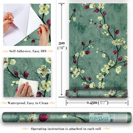 JZ·HOME Y9836 Floral Peel and Stick Wallpaper 17.7" x 9.8ft Green Plum Flower Removable Self Adhesive Contact Paper Decorative Wall Covering Drawer Shelf Liner Vinyl Film Roll
