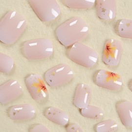 Fall Press on Nails Short Square Fake Nails Pink White Fake Nails with Maple Leaf Designs Short False Nails Acrylic Nails Press ons Full Cover Glue on Nails Short Stick on Nails for Women