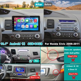4G+32G Car Radio for Honda Civic 2006-2011(Without Amplifier), 10 Inch IPS Touchscreen Android 13 Car Stereo Support Wireless Carplay/Android Auto/Back-up Camera/Bluetooth/Voice Control/GP/FM Radio