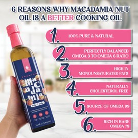 Gourmanity Macadamia Nut Oil, Cold Pressed from Premium South African Sources, offers a Rich Buttery Flavor and is perfect for Frying, Roasting, and Drizzling. This Heart-Healthy Frying Oil is Cholesterol Free, Vegan, and suitable for Keto & Paleo diets, packed with Monounsaturated Fats, including Omega 3, 6 & 9. 16.9 fl oz Bottle.