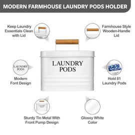 Calindiana Modern Farmhouse Metal Laundry Pods Holder Container with Lid for Laundry Room Decor and Accessories and Space Saving Organization and Storage, Holds 81 Laundry Pods, White