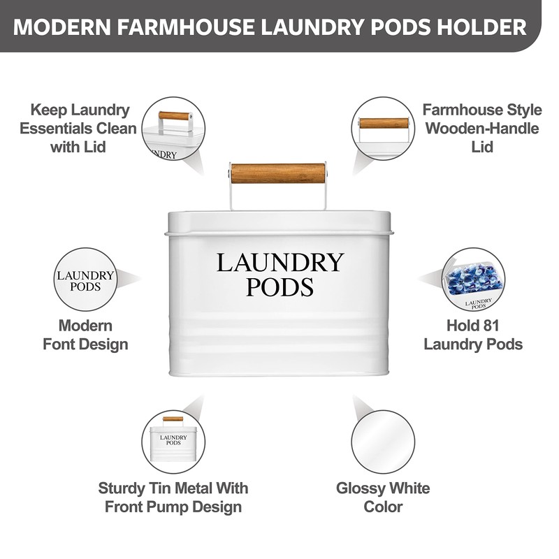 Calindiana Modern Farmhouse Metal Laundry Pods Holder Container with Lid
