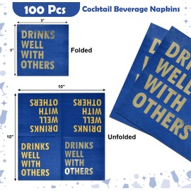 100 Pcs Drinks Well With Others Cocktail Beverage Napkins Disposable Blue & Gold Foil Funny Paper Dessert Napkin for Wine Bar Birthday Party Supplies