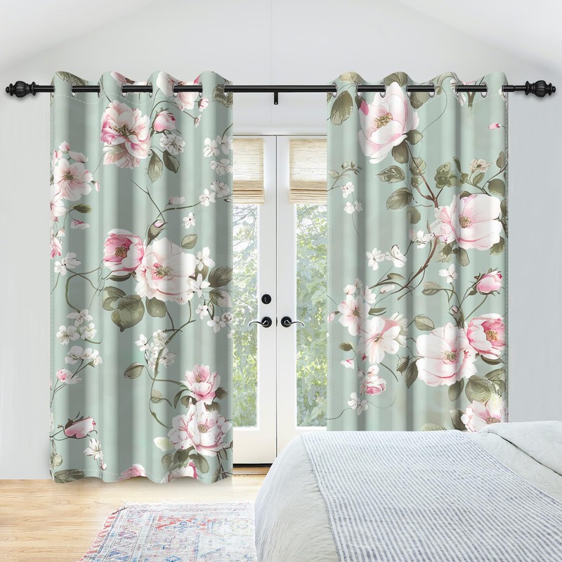 DASHAN Green Floral Blackout Curtains for Bedroom 84 inch Length