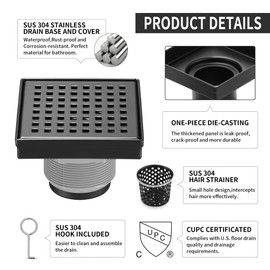 BAUNVB Square Shower Drain 4 inch, Matte Black 304 Stainless Steel Floor Drain for Bathroom, Removable Tile Insert Grate Includes Hair Strainer