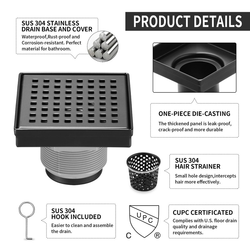 BAUNVB Square Shower Drain 4 inch, Matte Black 304 Stainless