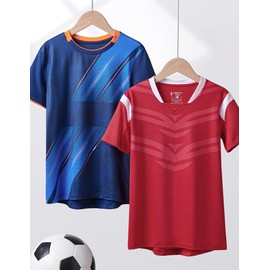 2 Pack Boys' Soccer Jerseys, Dry Fit Athletic Short Sleeve T-Shirts for Youth Kids, Performance Tops Activewear (Set 3, X-Small) Red/Navy