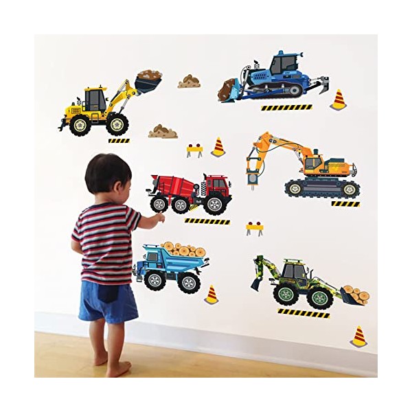 decalmile Construction Vehicles Wall Stickers Trucks Excavator Tractor Wall Decals Kids Bedroom Boys Room Playroom Wall Decor