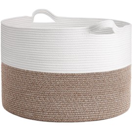 INDRESSME XXXLarge Cotton Rope Basket 21.7" x 21.7" x 13.8" Woven Baby Laundry Blanket Basket Toy Basket with Handle Storage Comforter Cushions Thread Laundry Hamper White & Brown