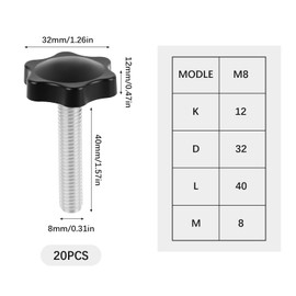 Pack of 20 Star Grip Screws, M8 x 40 mm Thumb Screw, Screws with Handle M8, Screw Star Grip Nut, Wing Screw for Machine Tools, Machine Tightening Devices Instrument