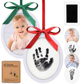 Kit de huellas de manos y pies de bebé sin tinta - Kit de adorno de la primera Navidad del bebé con huellas de dos lados, marco de fotos de regalos personalizados para bebé, lindo recuerdo de recién