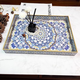 Umisriro Blue Decorative Tray, Serving Tray with Handles, Plastic Large Tray for Coffee Table, Living Room, Decor, 15.7”*11.8”*1.6"