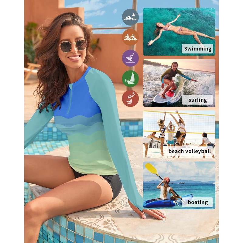 WOWENY Rash Guard Shirts for Women Long Sleeve with Thumb