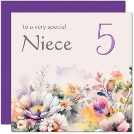 5th Niece Birthday Card - Purple Floral Niece's Birthday Card for 5 Year old Kids five, fifth
