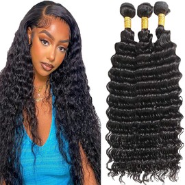 Deep Wave Human Hair Bundles Deep Wave Bundles Unprocessed Brazilian Human Hair 3 Bundles Extensions for Black Women Natural Color(10 12 14 inch)