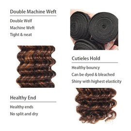 Leruikair Human Hair Bundles 26 28 30 Inch Deep Wave Human Hair Bundles Highlight Brown Chocolate P4/30 Unprocessed Brazilian Soft Quick Weave Hair for Black Women