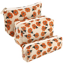 Photect 3 Pcs Floral Makeup Bag Corduroy Small Makeup Pouch Canvas Cosmetic Bag Mini Toiletry Zipper Travel Bags for Women Girls Makeup Organizer Storage Accessories(Assorted)