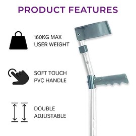 Your Essential Shop Coopers PVC Handle Double Adjustable Elbow Crutch - Small - Single | Lightweight Crutch for Adults | Height Adjustable Elbow Crutch | Hospital Crutch | Soft Touch PVC Handle