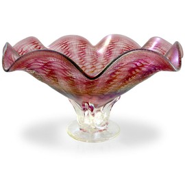 American Hand-Blown Fluted Art Glass Pedestal Bowl in Pink Blush