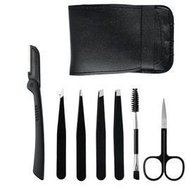 Set De 7 pzs Pinzas Para Cejas, Depilar Pinzas Profesionales de Acero Inoxidable, Pinza de Precisión Con Tijera para cejas, Pincel de cejas,Estuche de Cuero (Negro) | Negro, estuche de cuero, acero inoxidable, precisión, tijera, pincel