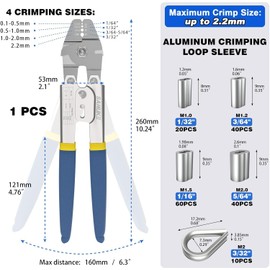 Sanuke Wire Rope Crimping Swaging Tool Cable Crimps up to 2.2mm(2/32inch) with 160pcs 4sizes Aluminum Double Barrel Ferrule Loop Sleeve and 10pcs Stainless Steel Thimble Assortment Kit