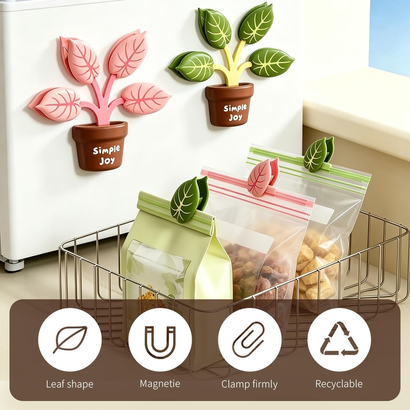 2Pcs Cute Chip Clips, Green Plant Shape Magnetic Chip Clips,