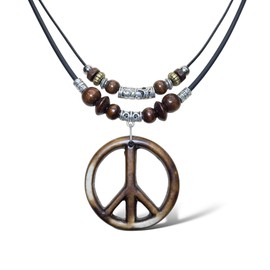 Unisex Peace Sign Double Layer Necklace Resin Peace Symbol Pendant Necklace Hippie Boho Style Jewelry Adjustable (Dark Brown)