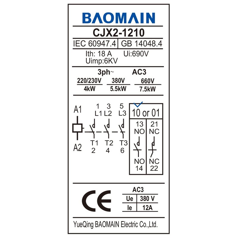 Baomain 3-Pole AC Contactor CJX2-1210 – 220VAC Coil, 3NO+1NO Auxiliary,