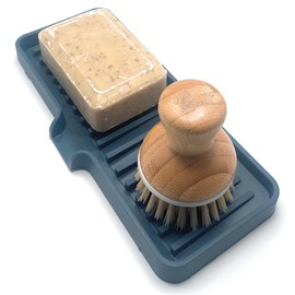 Happitasa Silicone Soap Dish Tray and Sponge Holder with Drain Chute | Bathroom and Kitchen Sink Organizer Caddy (Smoky Blue, 9"x3.5", 5.6 Ounces)