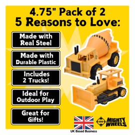 Mighty Wheels Steel Twin Pack of 4.75" Truck Toys - 1 x Bulldozer, 1 x Cement Mixer Toys - Construction Toys for 3+ Year Old Boys and Girls
