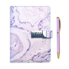 GOORAIFU Diary with Lock for Girls and Women, A5 PU Leather Journal with Code Lock, 240 Pages Password Protected Travel Notebook with Metal Ballpoint Pen and Gift Box, Purple