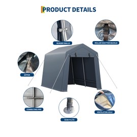 GarveeLife 7x10 FT Portable Outdoor Storage Shed with 2 Roll-Up Zipper Doors & Vents, 240G Heavy-Duty Shelter Waterproof PE Tarp, UV-Resistant Carport for Motorcycle, Firewood, Tools -Gray