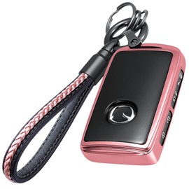 Lcyam Key Fob Cover Case Key Holder with Leather Keychain for Mazda 2026 2025 Mazda3 6 CX-30 CX-5 CX-9 (Rose Gold)