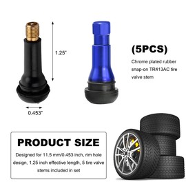 KVAEY 5 PCS TR413AC Tire Valve Stems, Chrome Rubber Tubeless Valve Stems Suit for 0.453 inch Rim Holes, Snap-in Tyre Metal Stems for Standard Vehicle Tires, Car Accessories (Blue)